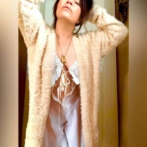 Free People Faux Fur Sweater Maxi Cardigan Pockets Silky Soft Lux